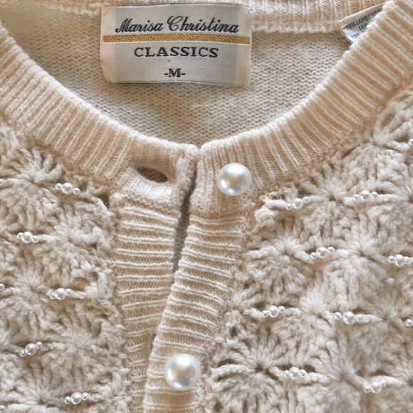 Marisa Christina Vintage Sweater Ivory Pearl Stud Lambs Wool Cardigan - Picture 7 of 12